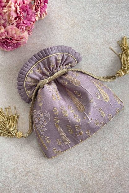 Lavender Purple Gilded Embroidered Drawstring Bag
