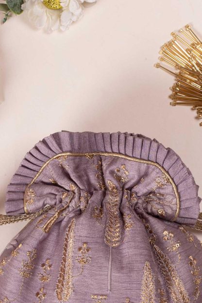Lavender Purple Gilded Embroidered Drawstring Bag - Image 3