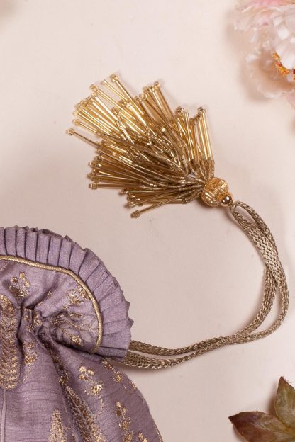 Lavender Purple Gilded Embroidered Drawstring Bag - Image 2
