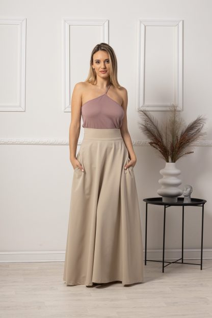 Beige high-waisted maxi skirt