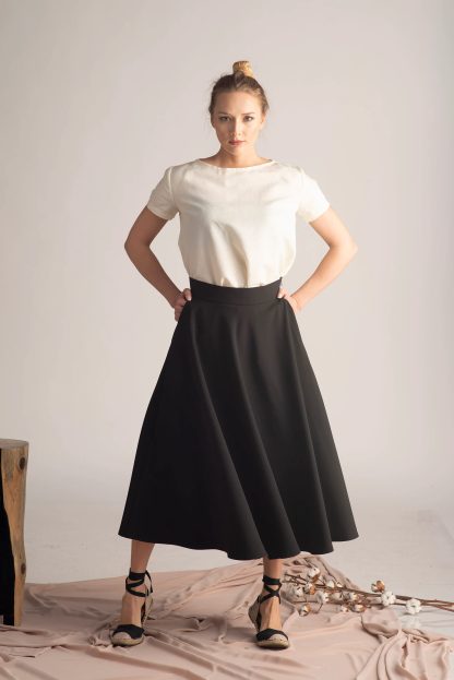 Black A-line midi skirt