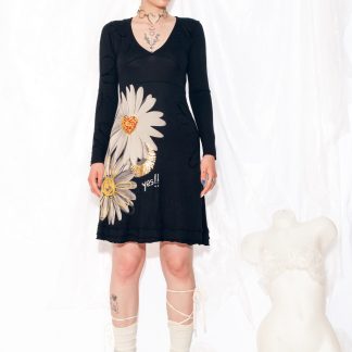Black Daisy Appliqué Knit Dress