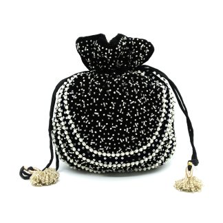 Black Velvet Pearl Stud Potli Bag