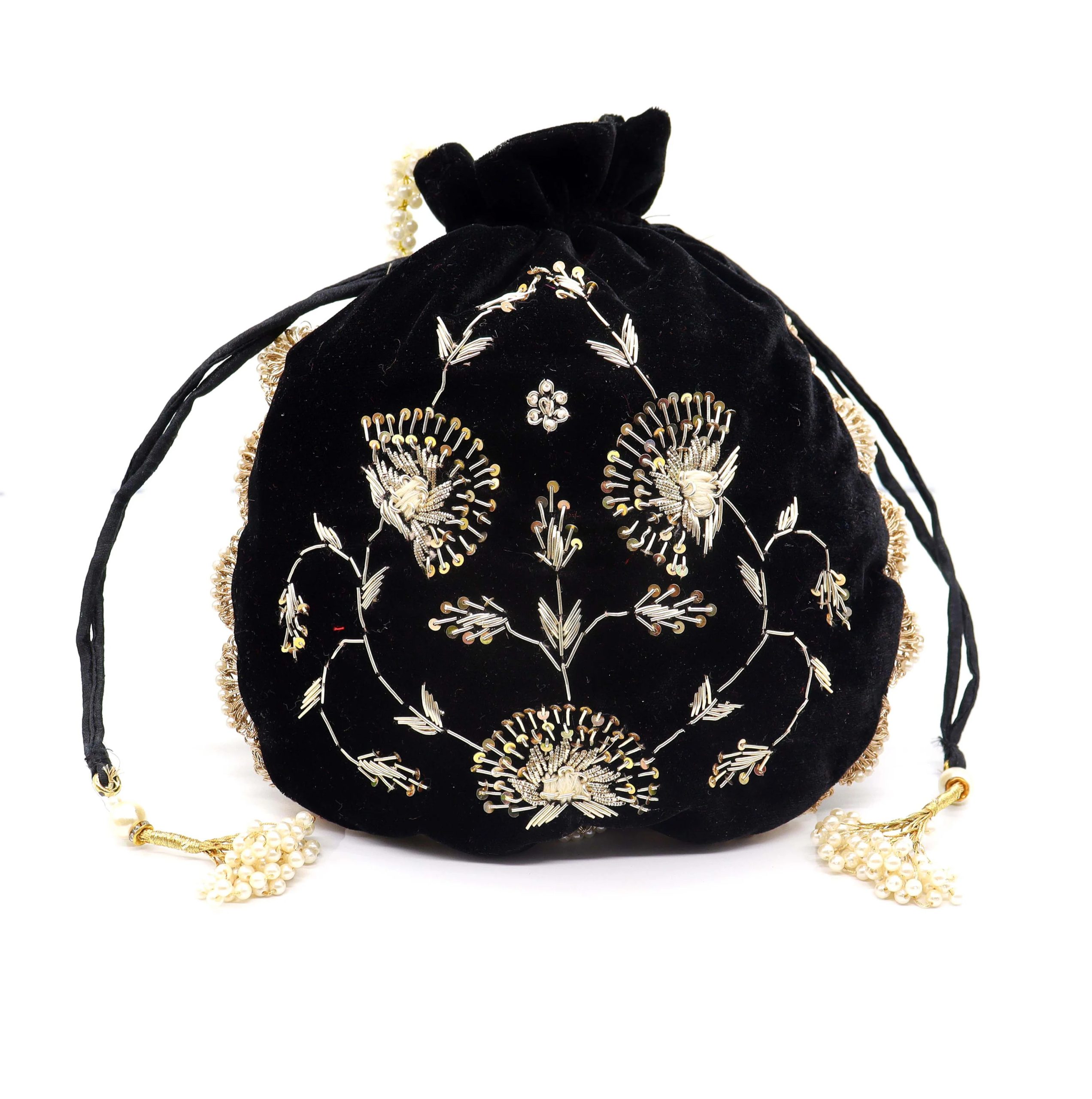 Black Velvet Potli Bag with Gold Embroidery