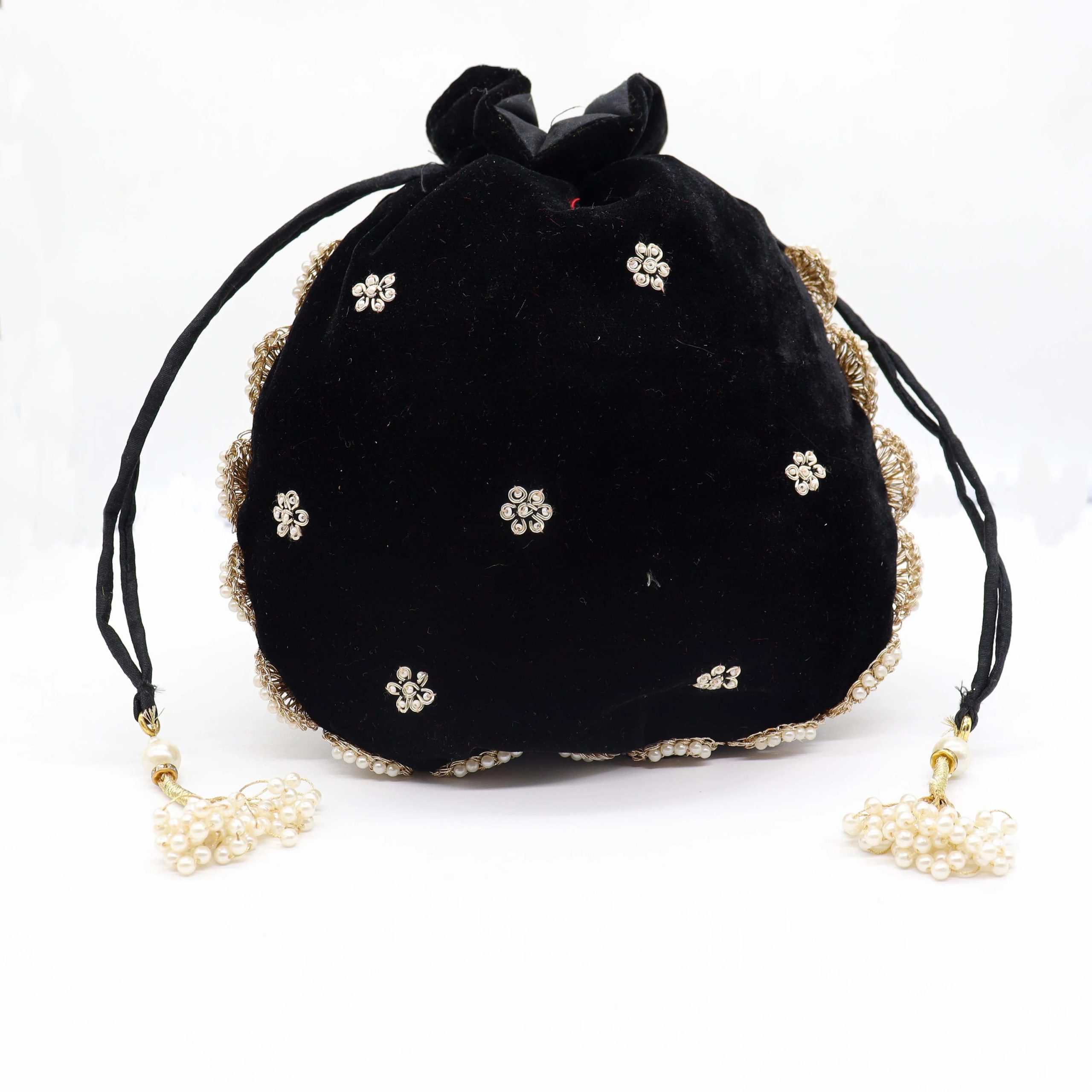 Black Velvet Potli Bag with Gold Embroidery - Image 4