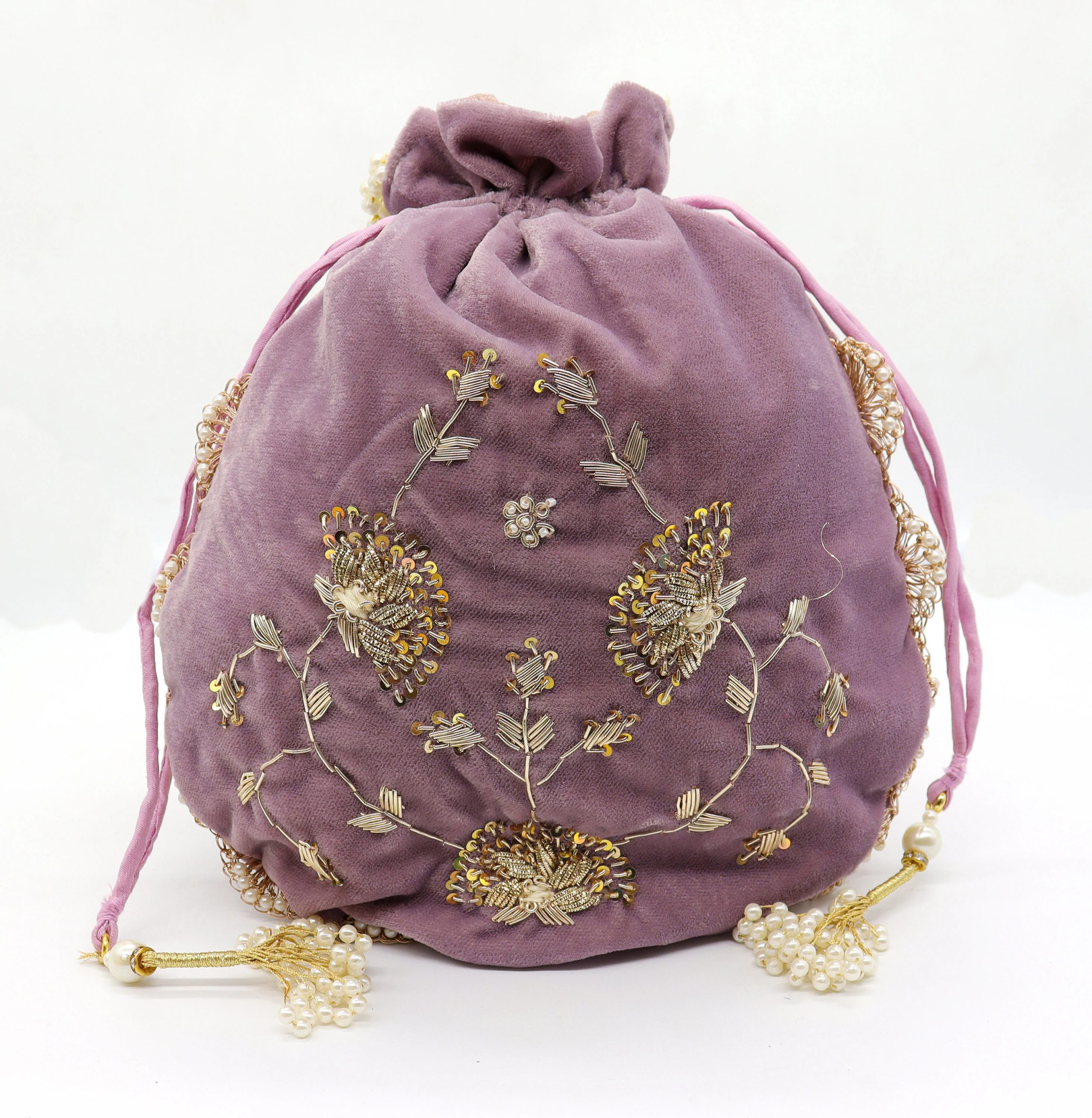 Black Velvet Potli Bag with Gold Embroidery - Image 5