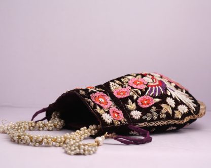 Black Velvet Potli Bag with Multicolor Embroidery - Image 4