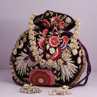 Black Velvet Potli Bag with Multicolor Embroidery