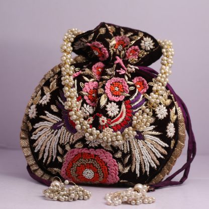 Black Velvet Potli Bag with Multicolor Embroidery