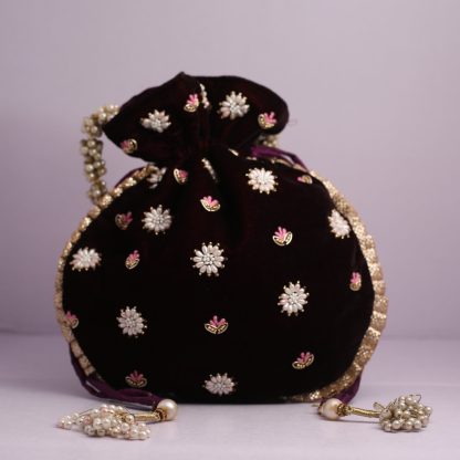 Black Velvet Potli Bag with Multicolor Embroidery - Image 2
