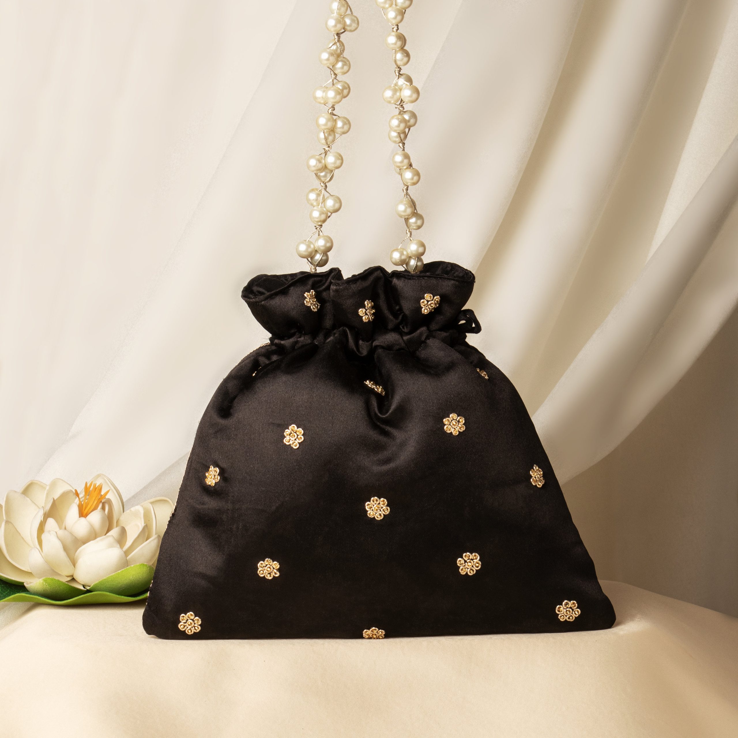 Black and gold floral embroidered Potli bag - Image 4