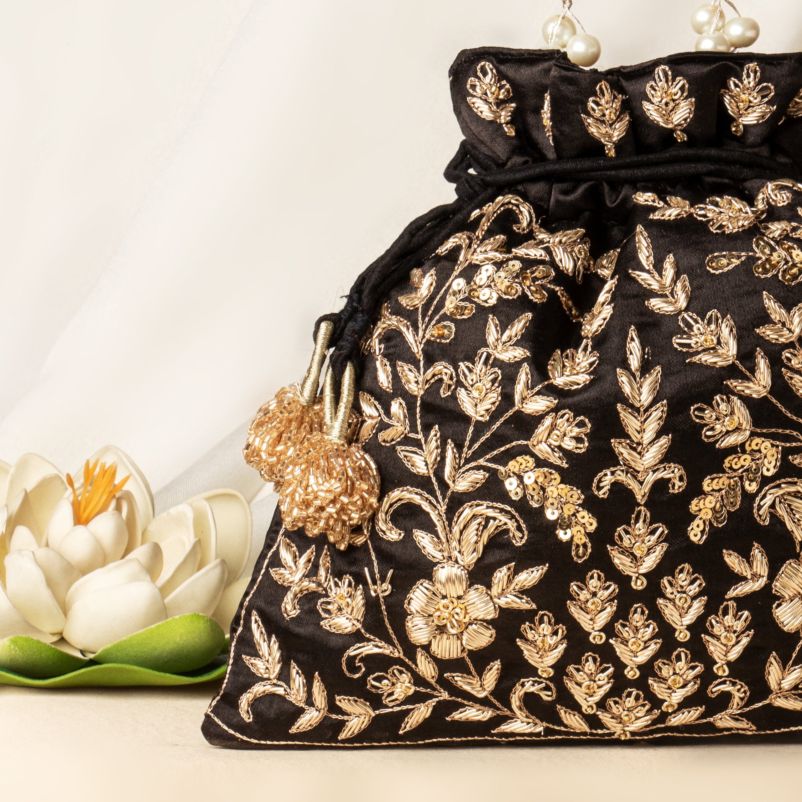 Black and gold floral embroidered Potli bag - Image 3