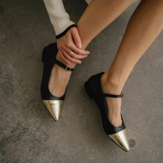 Black and gold pointed Mary Jane flats