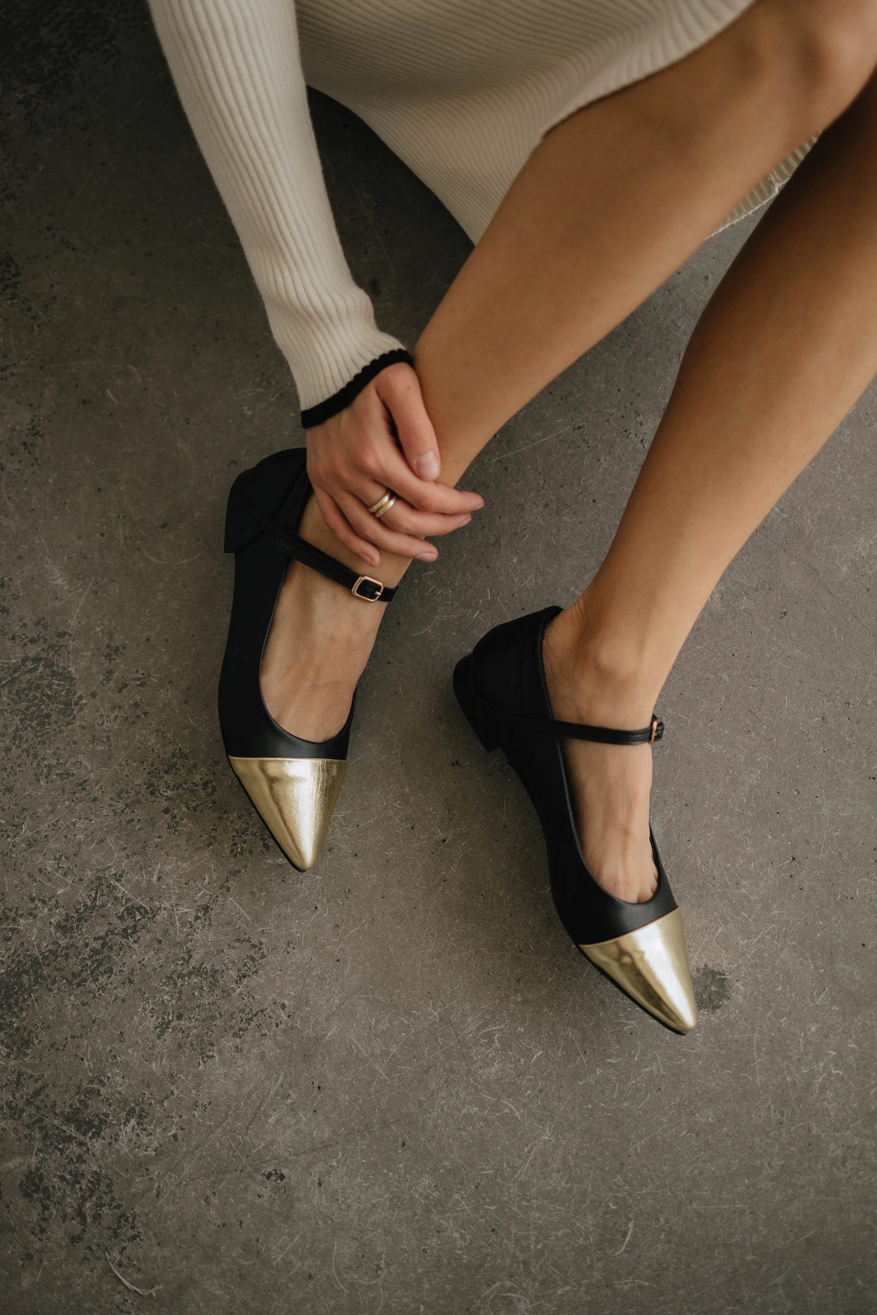Black and gold pointed Mary Jane flats