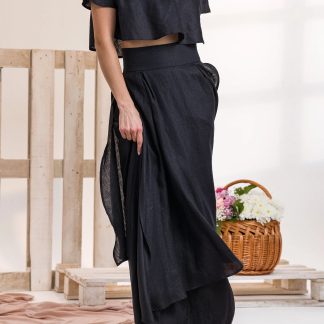 Black layered linen maxi skirt