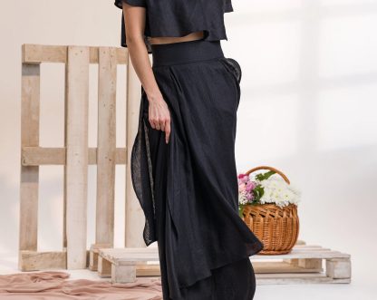 Black layered linen maxi skirt