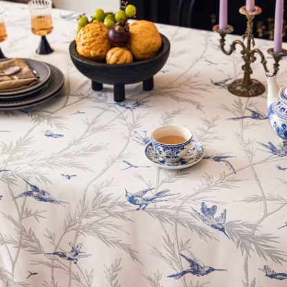 Blue and white ink-painted flower and bird tablecloth - Image 6