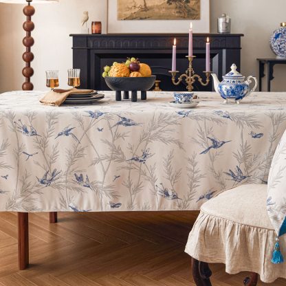Blue and white ink-painted flower and bird tablecloth - Image 5