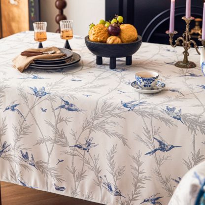 Blue and white ink-painted flower and bird tablecloth - Image 4