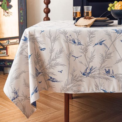 Blue and white ink-painted flower and bird tablecloth - Image 3