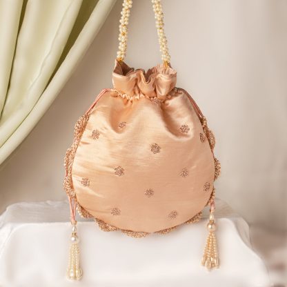 Blush Gold Floral Embroidered Potli Bag - Image 4