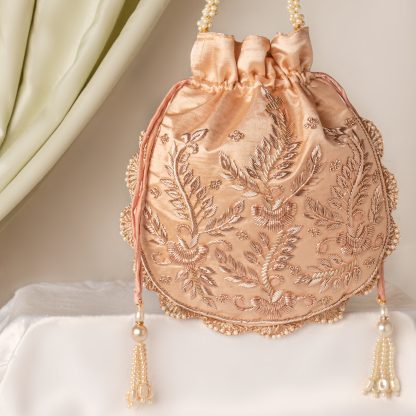 Blush Gold Floral Embroidered Potli Bag - Image 3