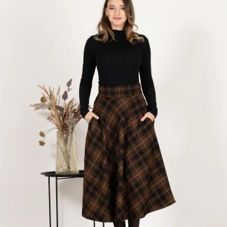 Brown Check Wool Midi Skirt