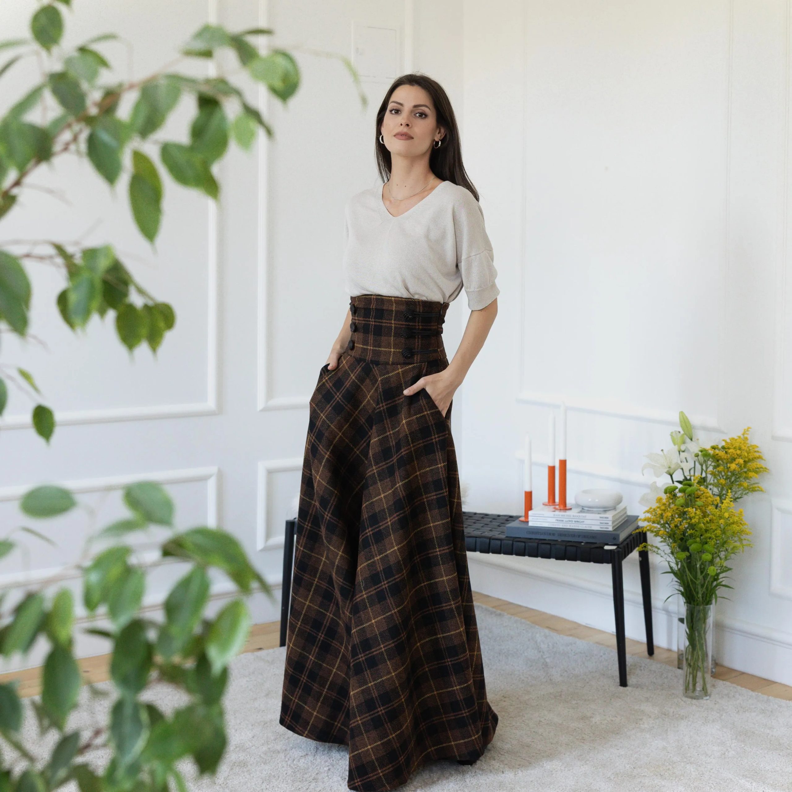 Brown plaid high waist maxi skirt - Image 5