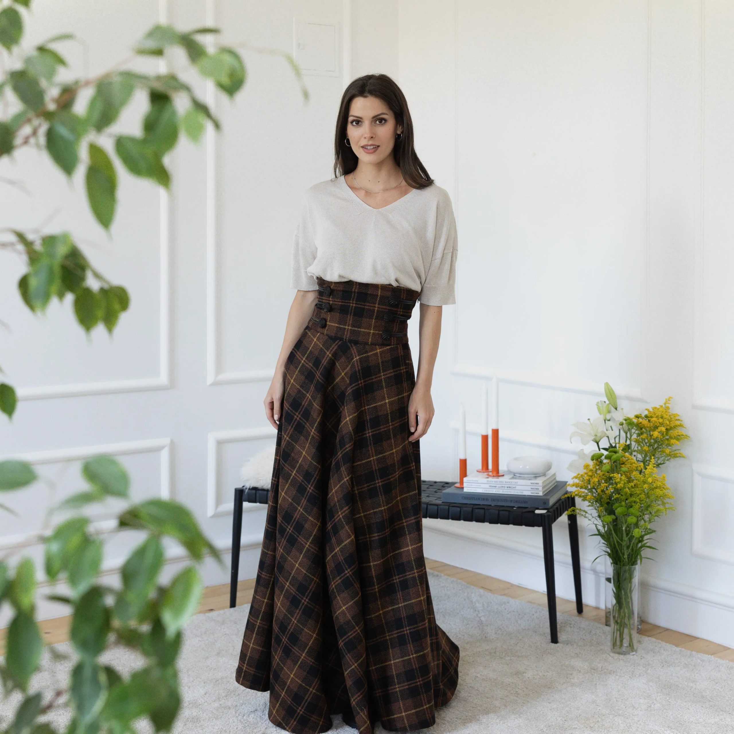 Brown plaid high waist maxi skirt