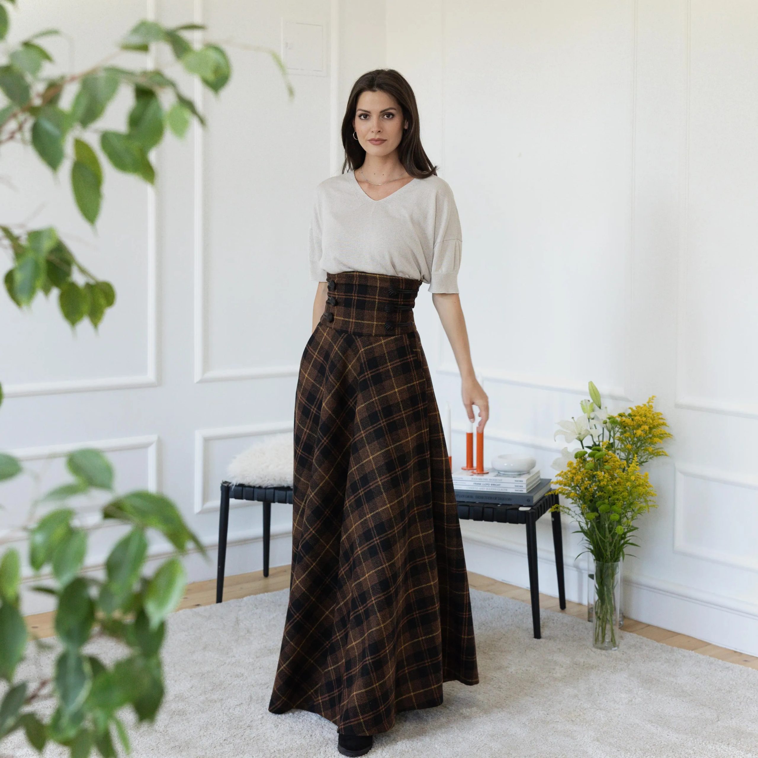 Brown plaid high waist maxi skirt - Image 3