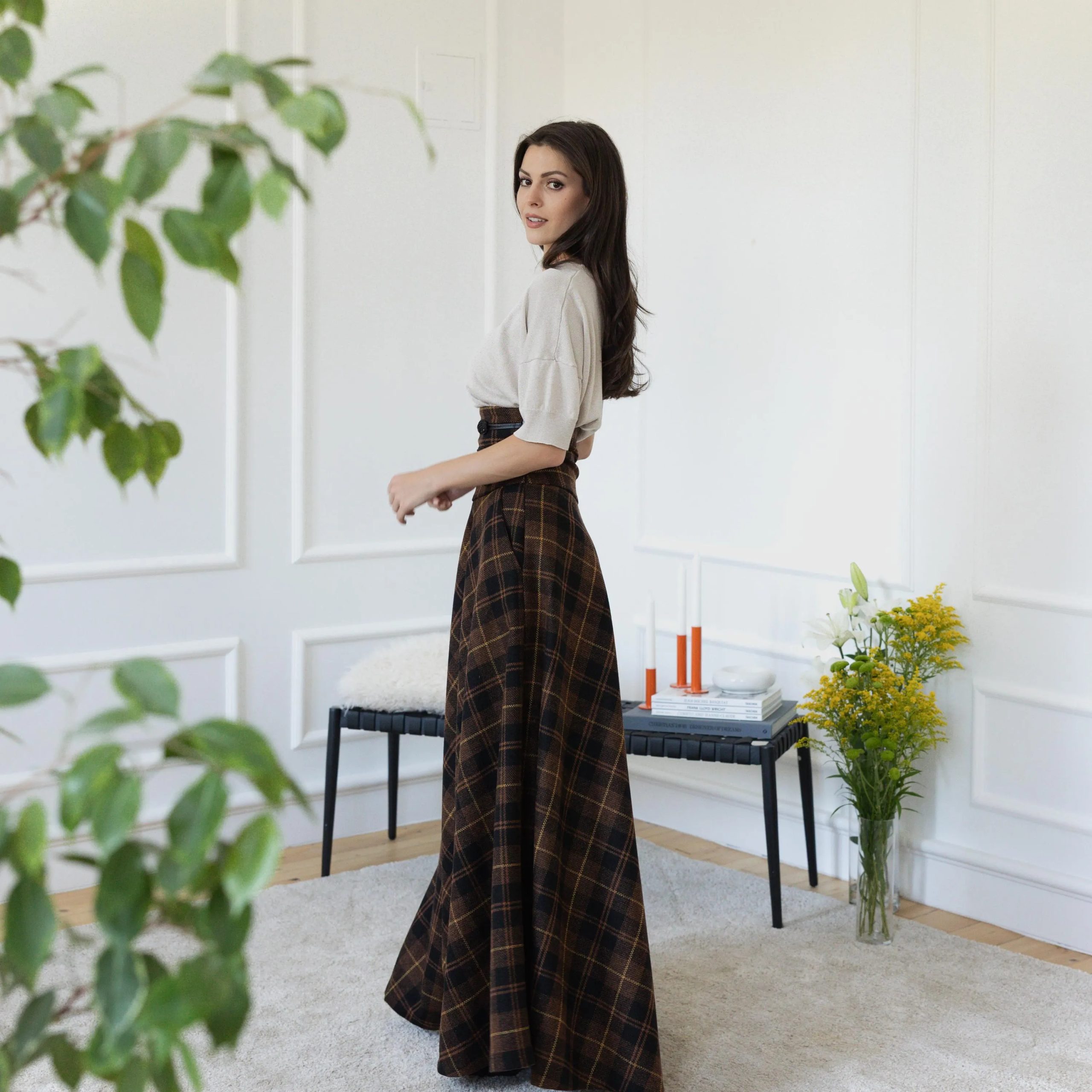 Brown plaid high waist maxi skirt - Image 2