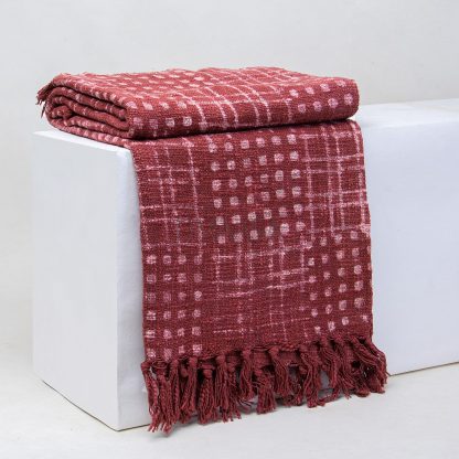 Burgundy Grid and Polka Dot Tassel Woven Blanket - Image 5