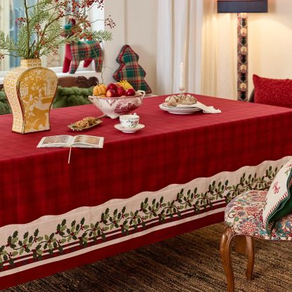 Burgundy Plaid Holly Border Tablecloth - Image 4