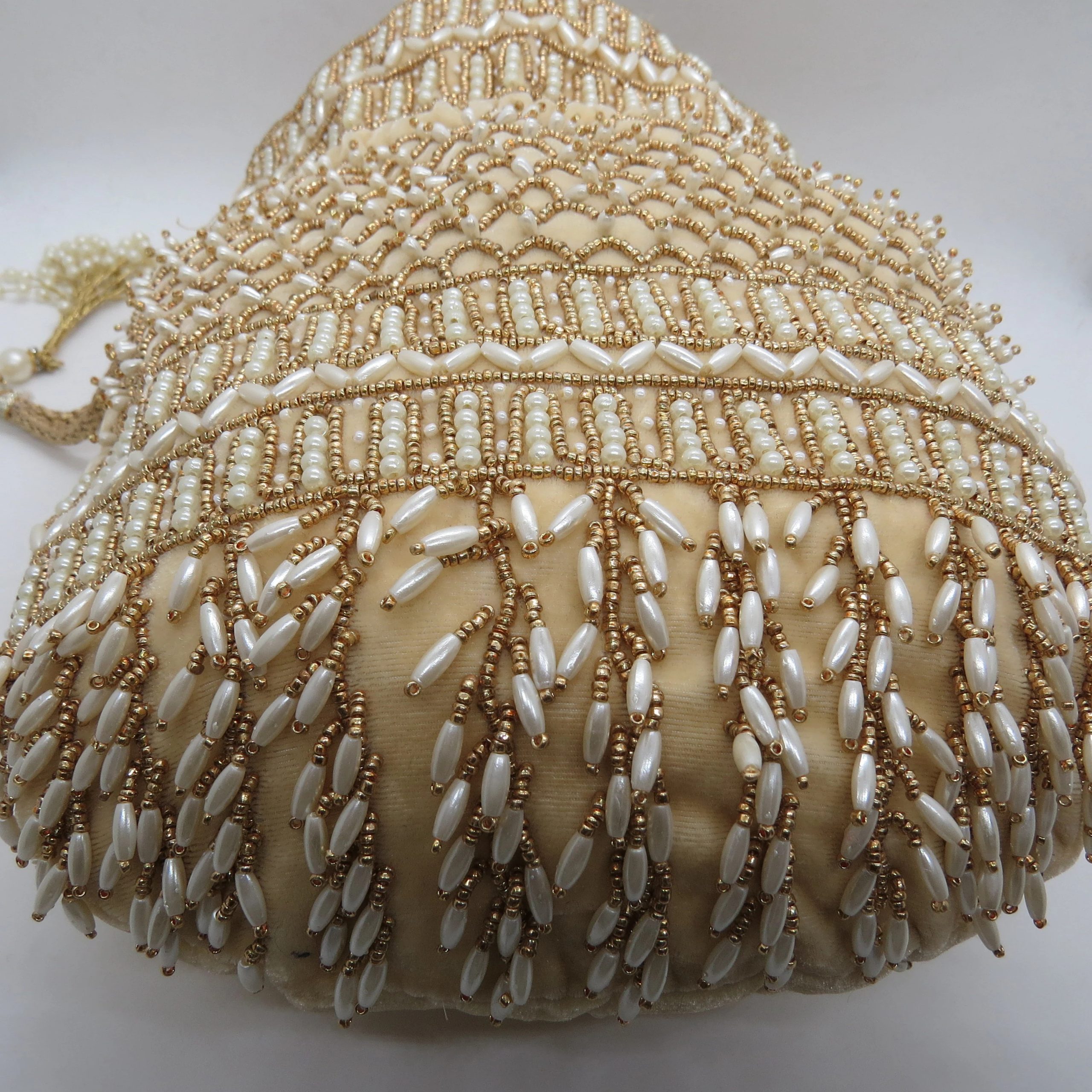 Champagne Check Tassel Beaded Potli Bag - Image 5