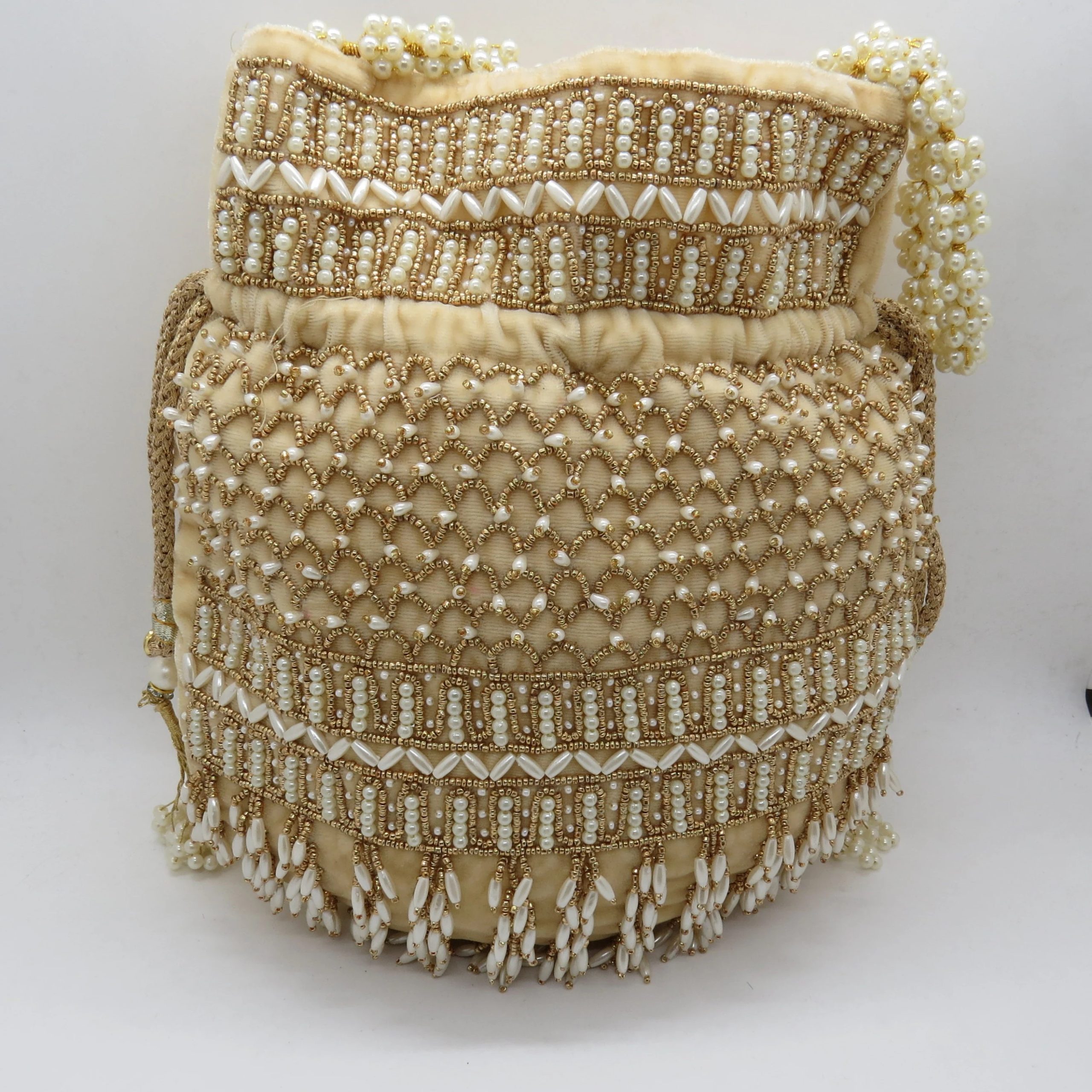 Champagne Check Tassel Beaded Potli Bag