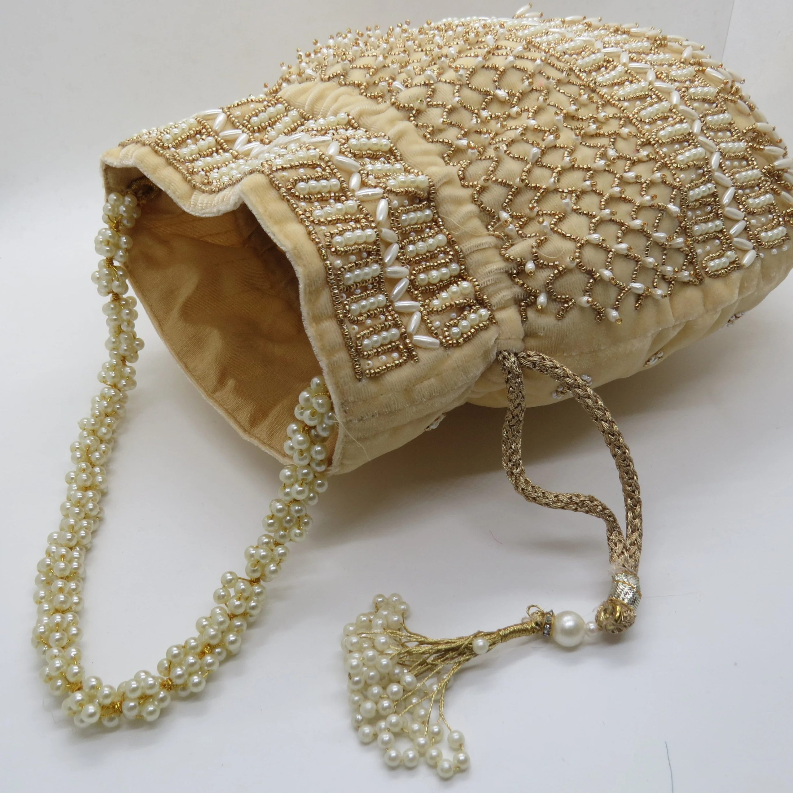 Champagne Check Tassel Beaded Potli Bag - Image 2