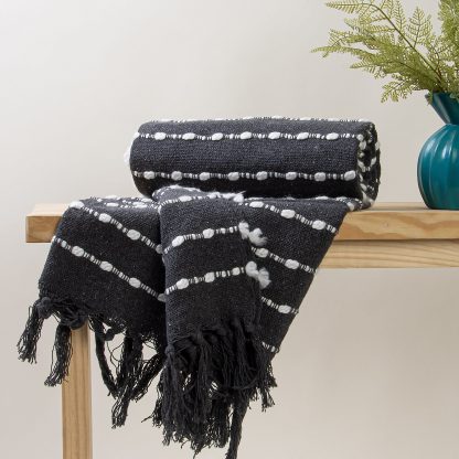 Charcoal Grey Pom-Pom Tassel Throw Blanket - Image 5