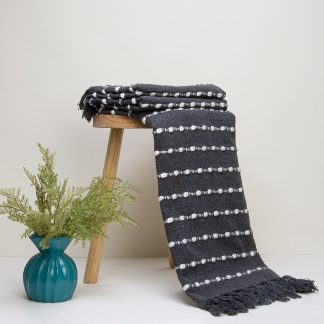 Charcoal Grey Pom-Pom Tassel Throw Blanket