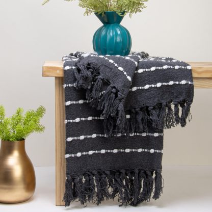 Charcoal Grey Pom-Pom Tassel Throw Blanket - Image 2