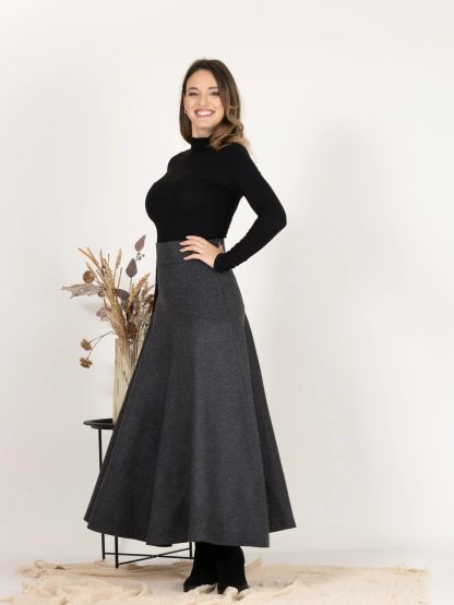 Charcoal Wool Flared Midi Skirt - Image 9