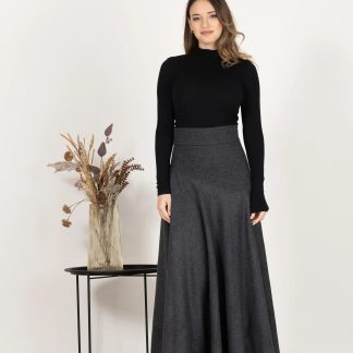 Charcoal Wool Flared Midi Skirt