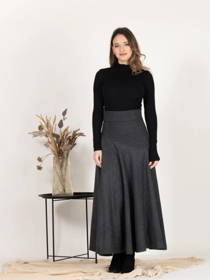 Charcoal Wool Flared Midi Skirt