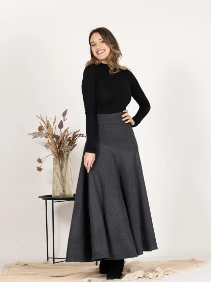 Charcoal Wool Flared Midi Skirt - Image 7