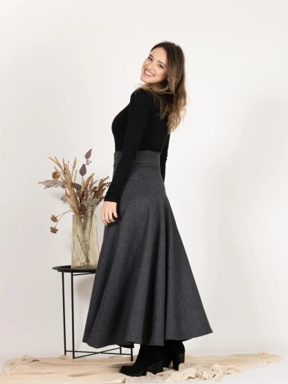 Charcoal Wool Flared Midi Skirt - Image 6