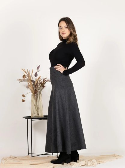 Charcoal Wool Flared Midi Skirt - Image 5