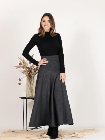 Charcoal Wool Flared Midi Skirt - Image 3