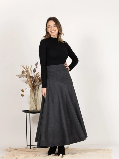 Charcoal Wool Flared Midi Skirt - Image 2