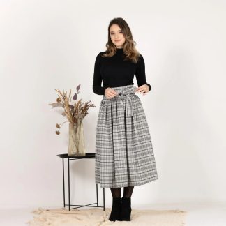 Check pussy-bow wool midi skirt