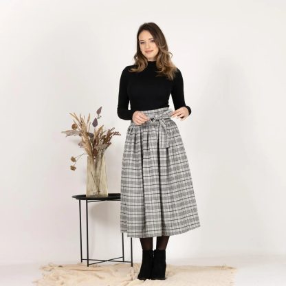 Check pussy-bow wool midi skirt
