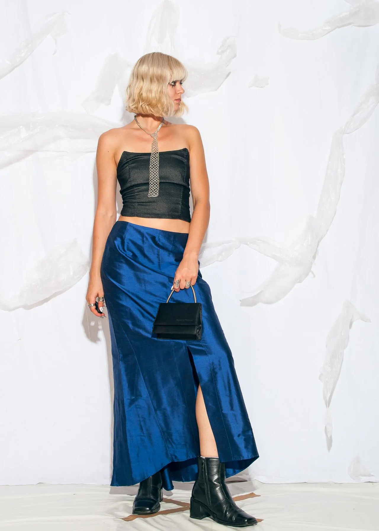 Cobalt Blue Satin Side Slit Maxi Dress - Image 4